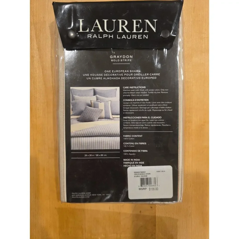 Lauren Ralph Lauren Graydon Bold Stripe Euro Sham Pillow 26x26 Dune Linen NIP